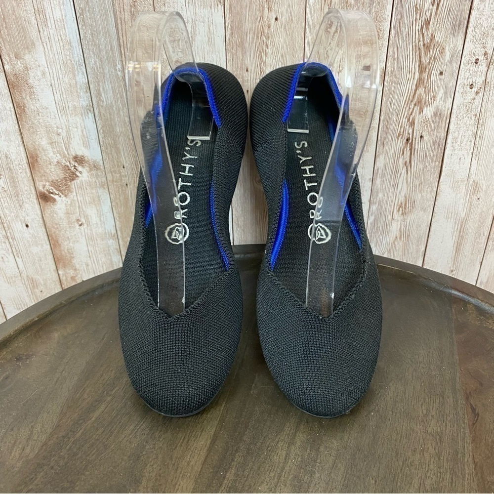 Rothy’s The Flat Round Toe Black Knit Blue Halo Shoe Size 7.5 Women